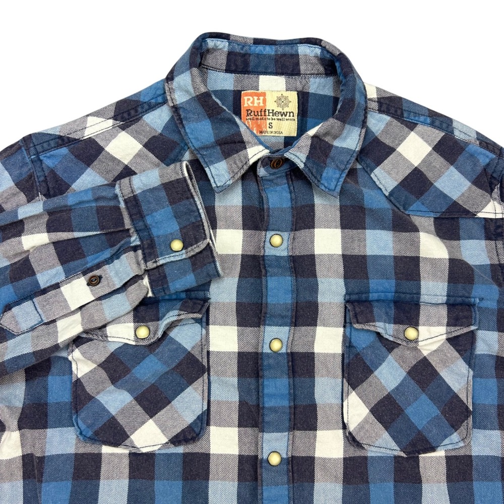 RuffHewn Shirt Mens S Blue Buffalo Plaid Western Pearl‎ Snap Button Up